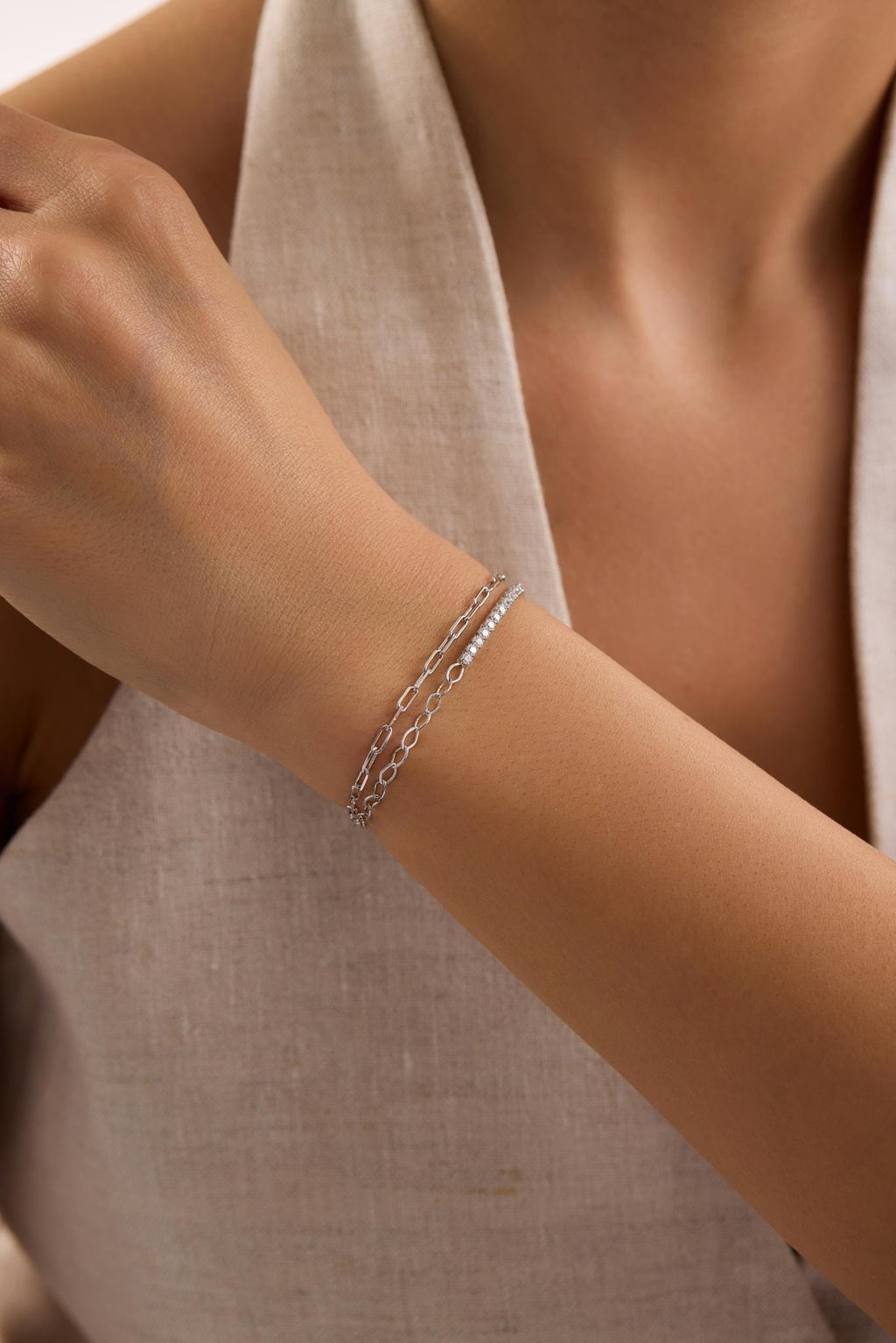 Double Chain Tennis Bracelet, Rhodium Plated Sterling Silver Zircon Bracelet for Women