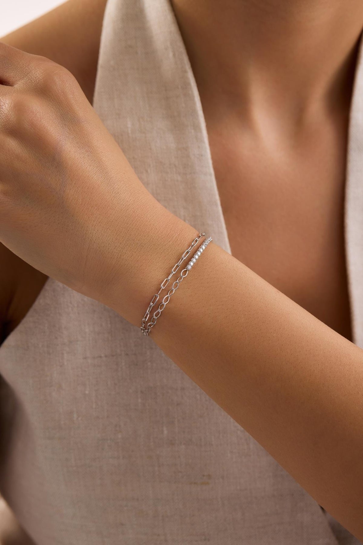 Double Chain Tennis Bracelet, Rhodium Plated Sterling Silver Zircon Bracelet for Women