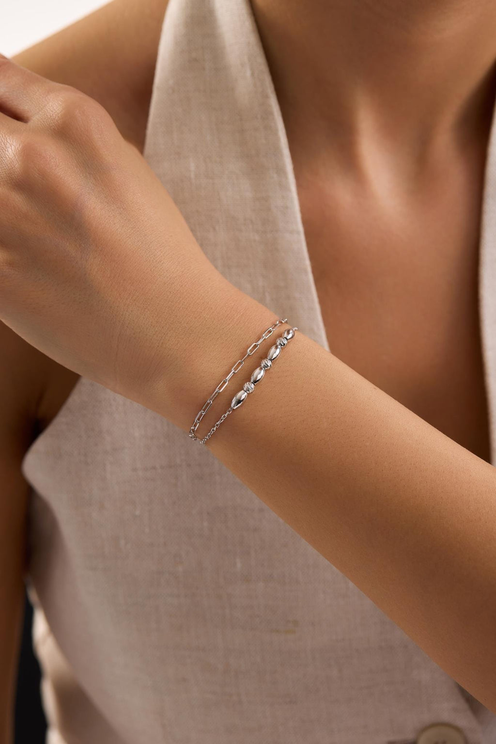 Double Chain Dorika Bracelet, Rhodium Plated Sterling Silver Bead Bracelet for Women