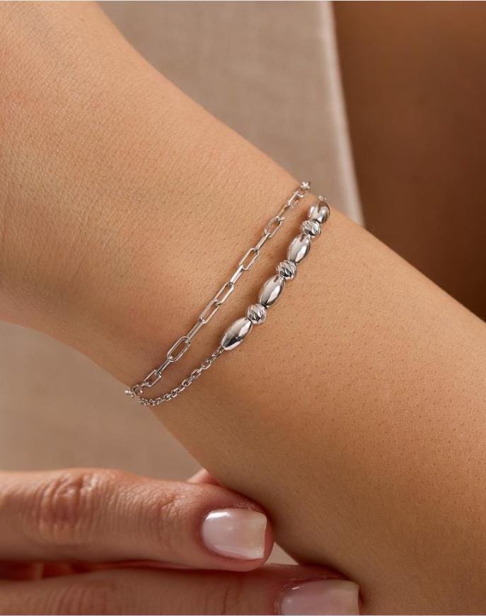 Double Chain Dorika Bracelet, Rhodium Plated Sterling Silver Bead Bracelet for Women