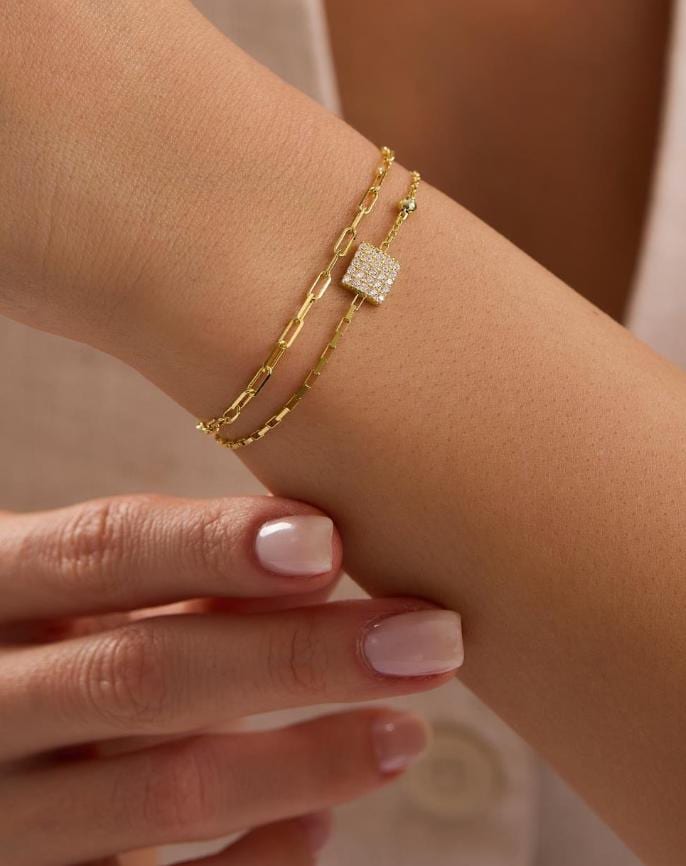 Double Chain Square Bracelet, 14K Gold Plated Sterling Silver Zircon Bracelet