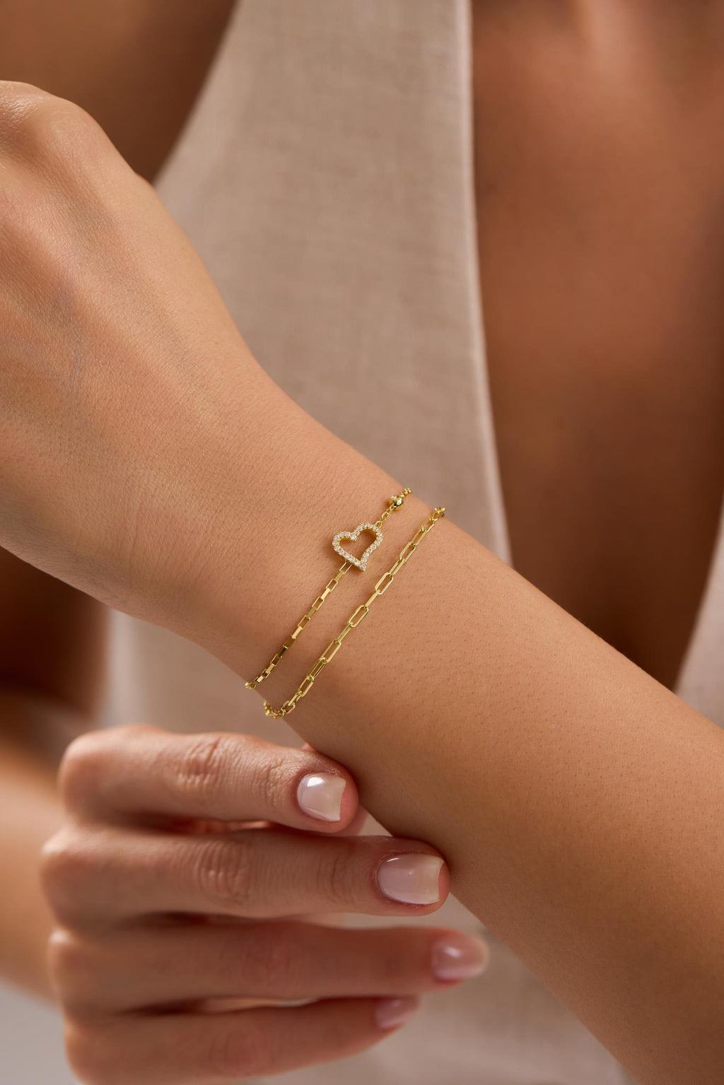 Double Chain Heart Bracelet, 14K Gold Plated Sterling Silver Zircon Bracelet