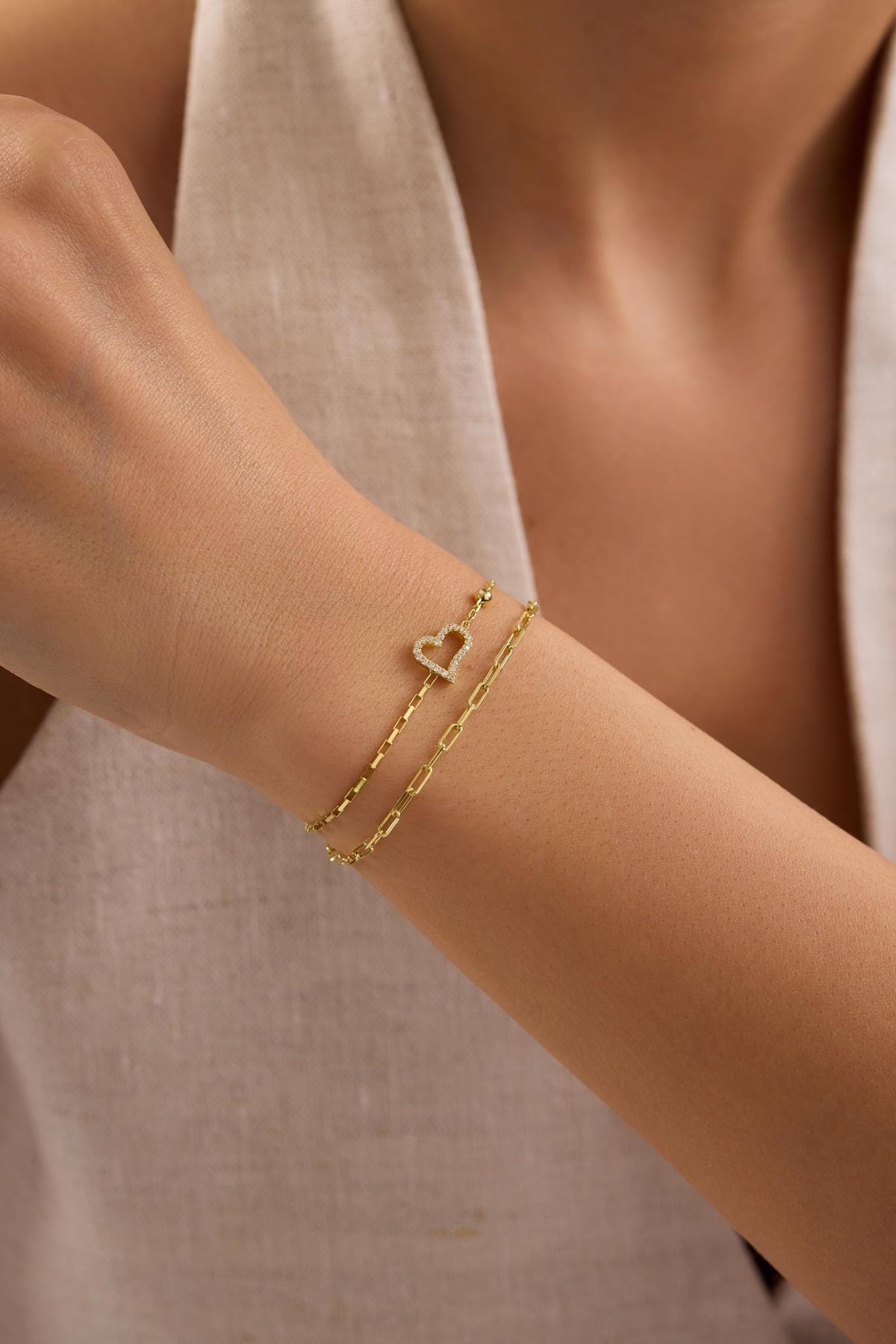 Double Chain Heart Bracelet, 14K Gold Plated Sterling Silver Zircon Bracelet