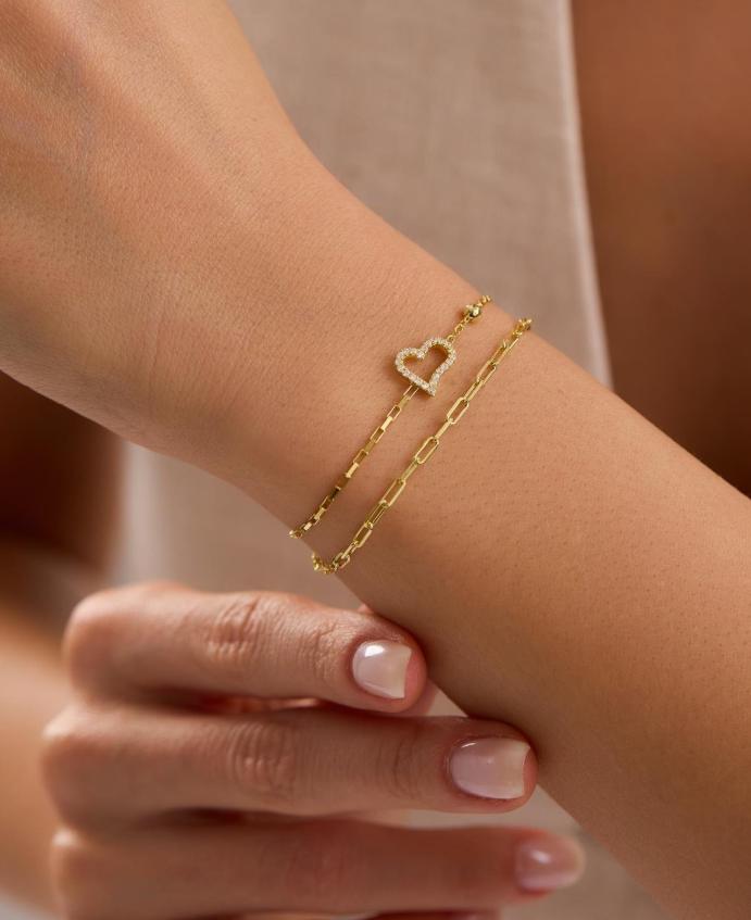 Double Chain Heart Bracelet, 14K Gold Plated Sterling Silver Zircon Bracelet