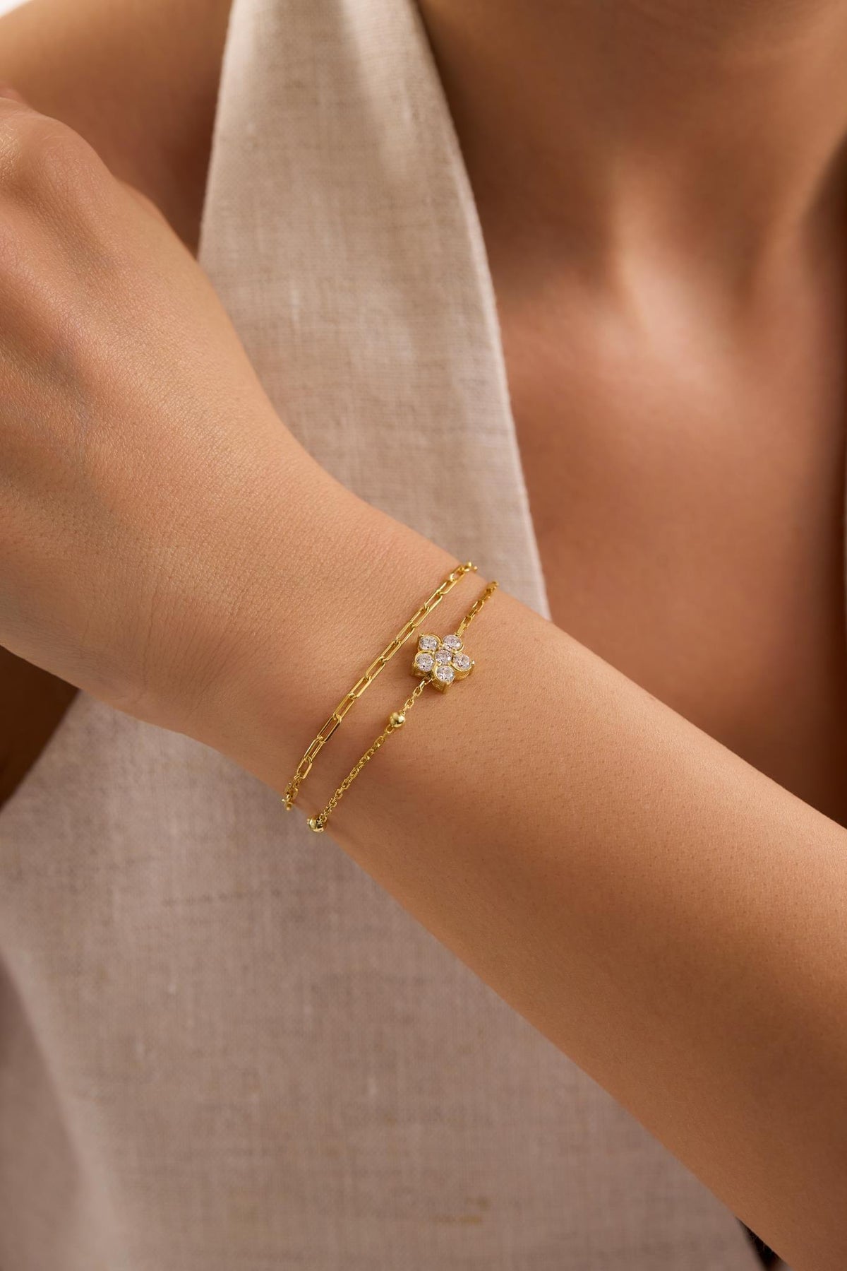 Double Chain Flower Bracelet, 14K Gold Plated Sterling Silver Zircon Bracelet