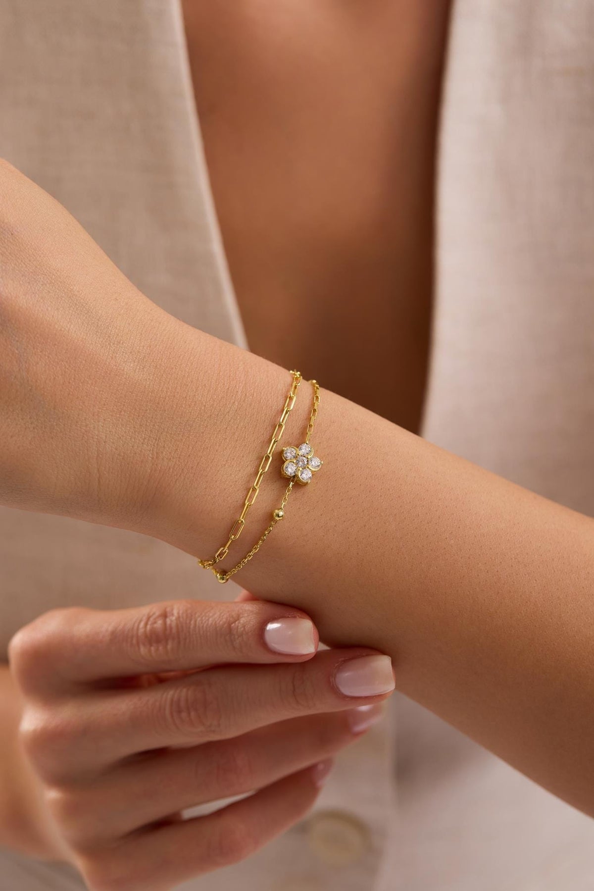Double Chain Flower Bracelet, 14K Gold Plated Sterling Silver Zircon Bracelet