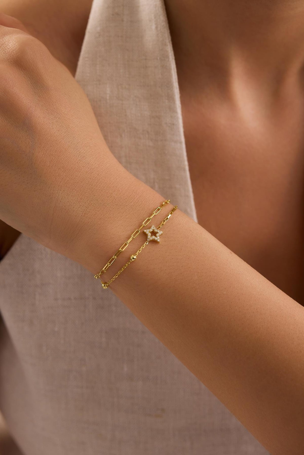 Double Chain Star Bracelet, Gold Plated Sterling Silver Zircon Layered Bracelet