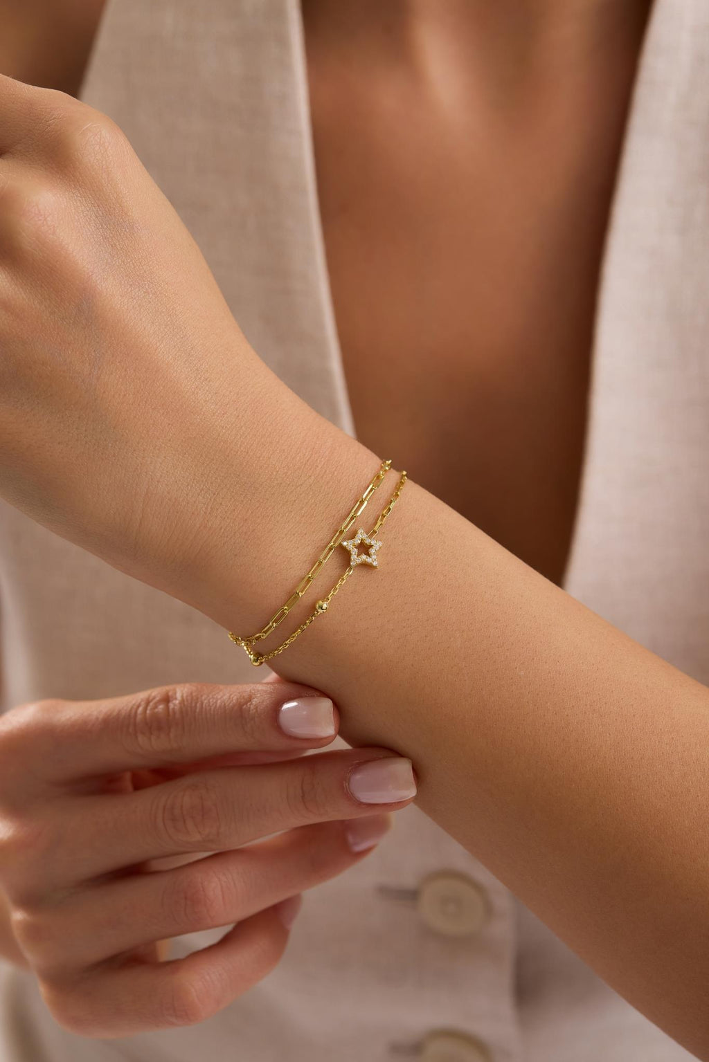 Double Chain Star Bracelet, Gold Plated Sterling Silver Zircon Layered Bracelet