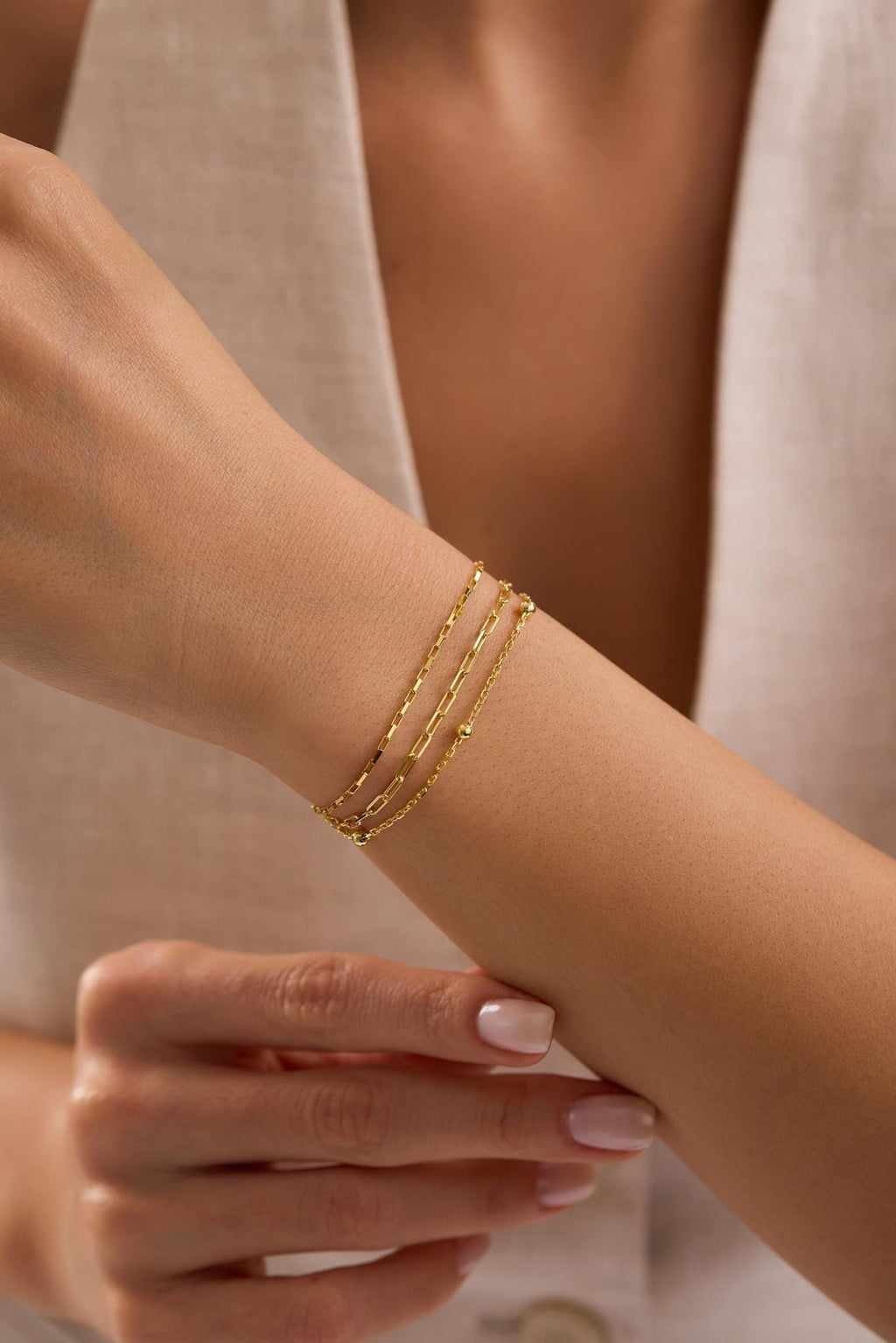 14K Gold Plated 925 Sterling Silver, Triple Chain Bracelet, Dainty Layered Jewelry