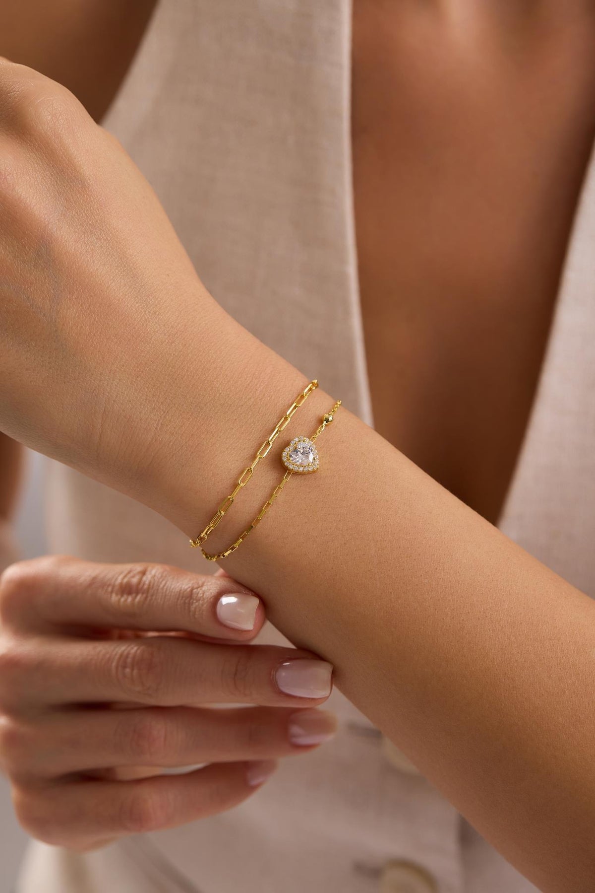 Double Chain Heart Bracelet, 14K Gold Plated Sterling Silver Solitaire Bracelet