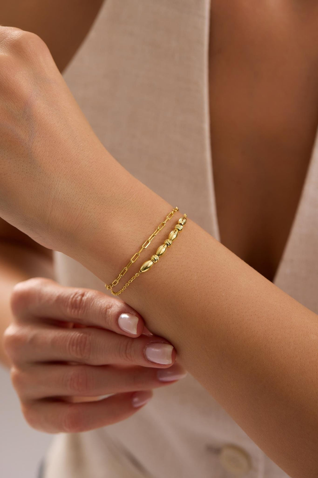 Double Chain Dorika Bracelet, 925 Sterling Silver, 14K Gold Plated, Layered Minimal Jewelry