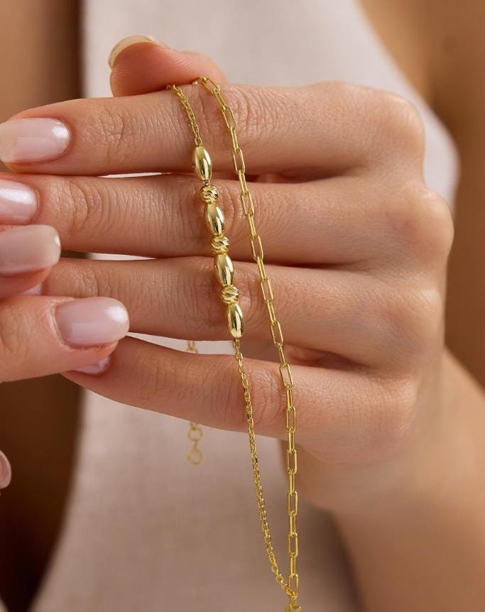 Double Chain Dorika Bracelet, 925 Sterling Silver, 14K Gold Plated, Layered Minimal Jewelry