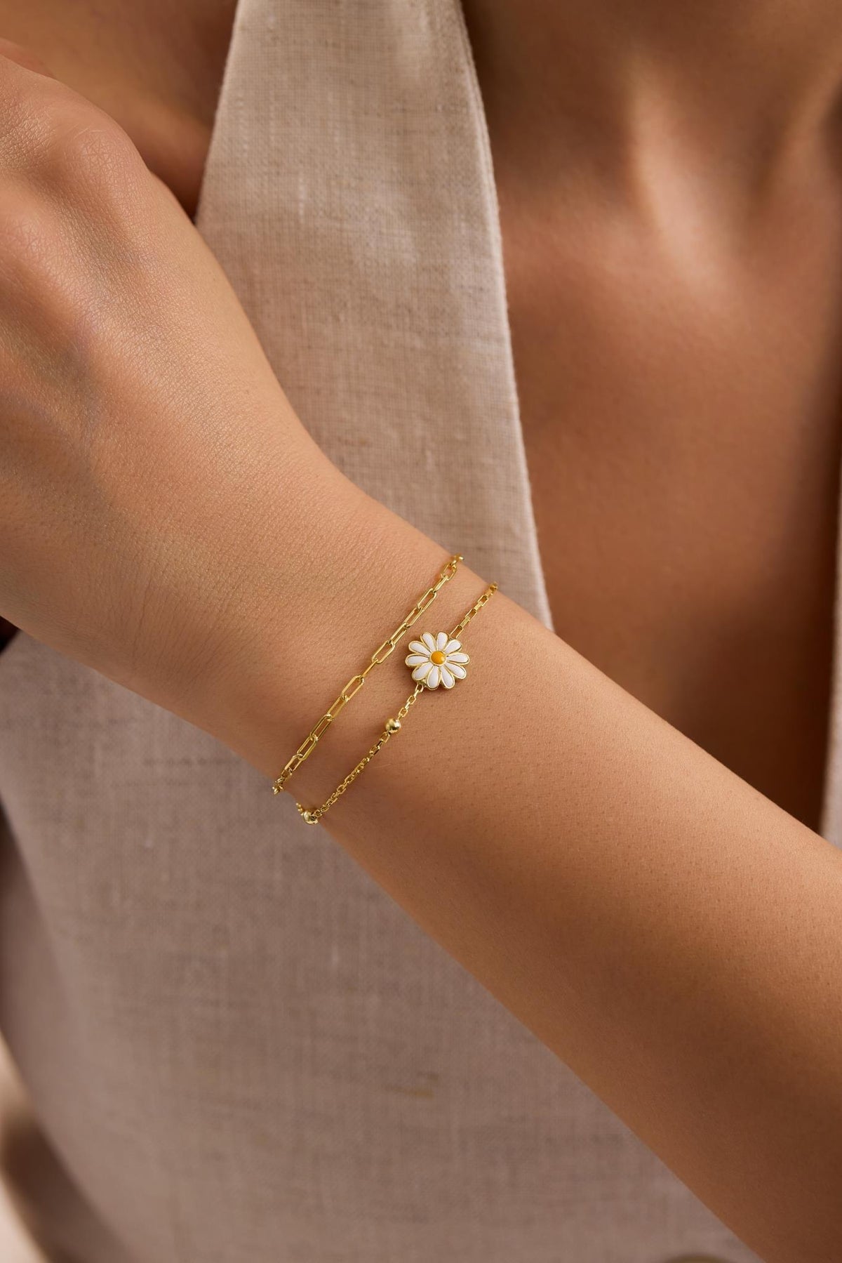 Double Chain Daisy Bracelet, 925 Sterling Silver, 14K Gold Plated, Floral Dainty Bracelet