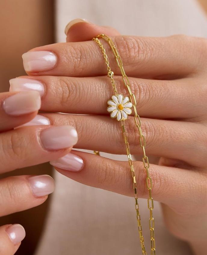 Double Chain Daisy Bracelet, 925 Sterling Silver, 14K Gold Plated, Floral Dainty Bracelet