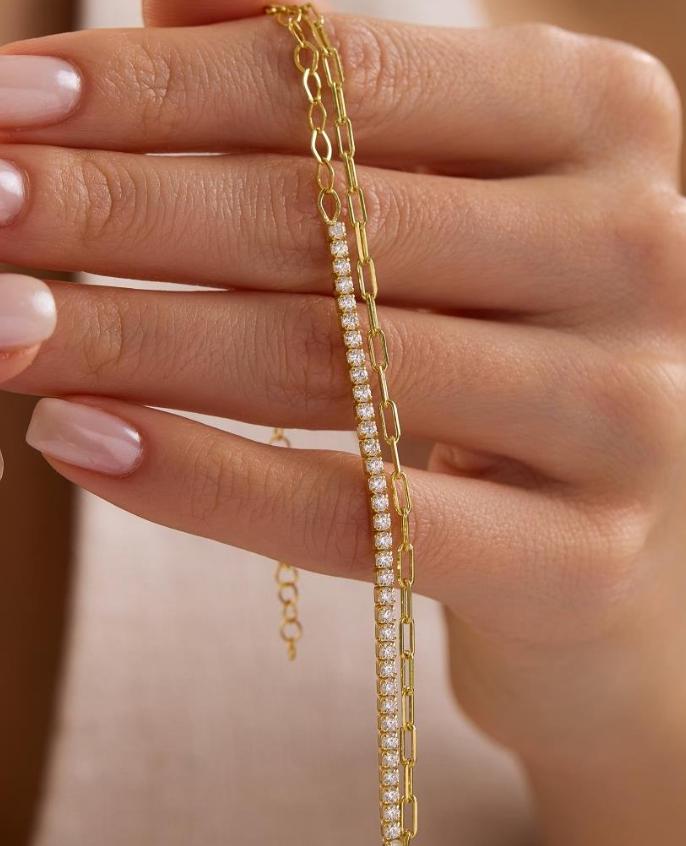 Double Chain Tennis Bracelet, 925 Sterling Silver, 14K Gold Plated, 2mm Zircon Bracelet