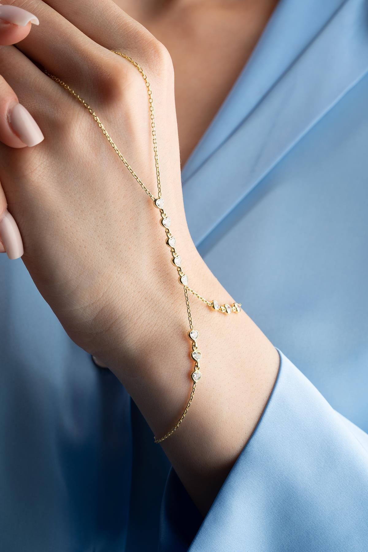 Gold Plated 925 Sterling Silver | Zircon Heart Hand Chain Bracelet | Slave Bracelet
