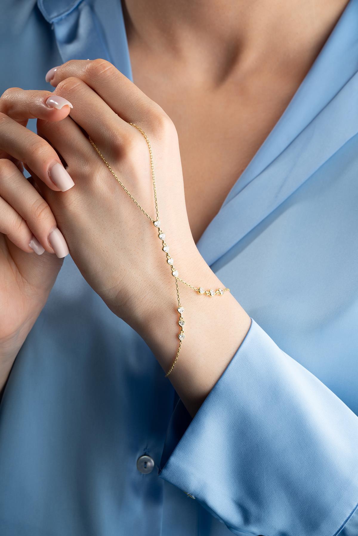 Gold Plated 925 Sterling Silver | Zircon Heart Hand Chain Bracelet | Slave Bracelet