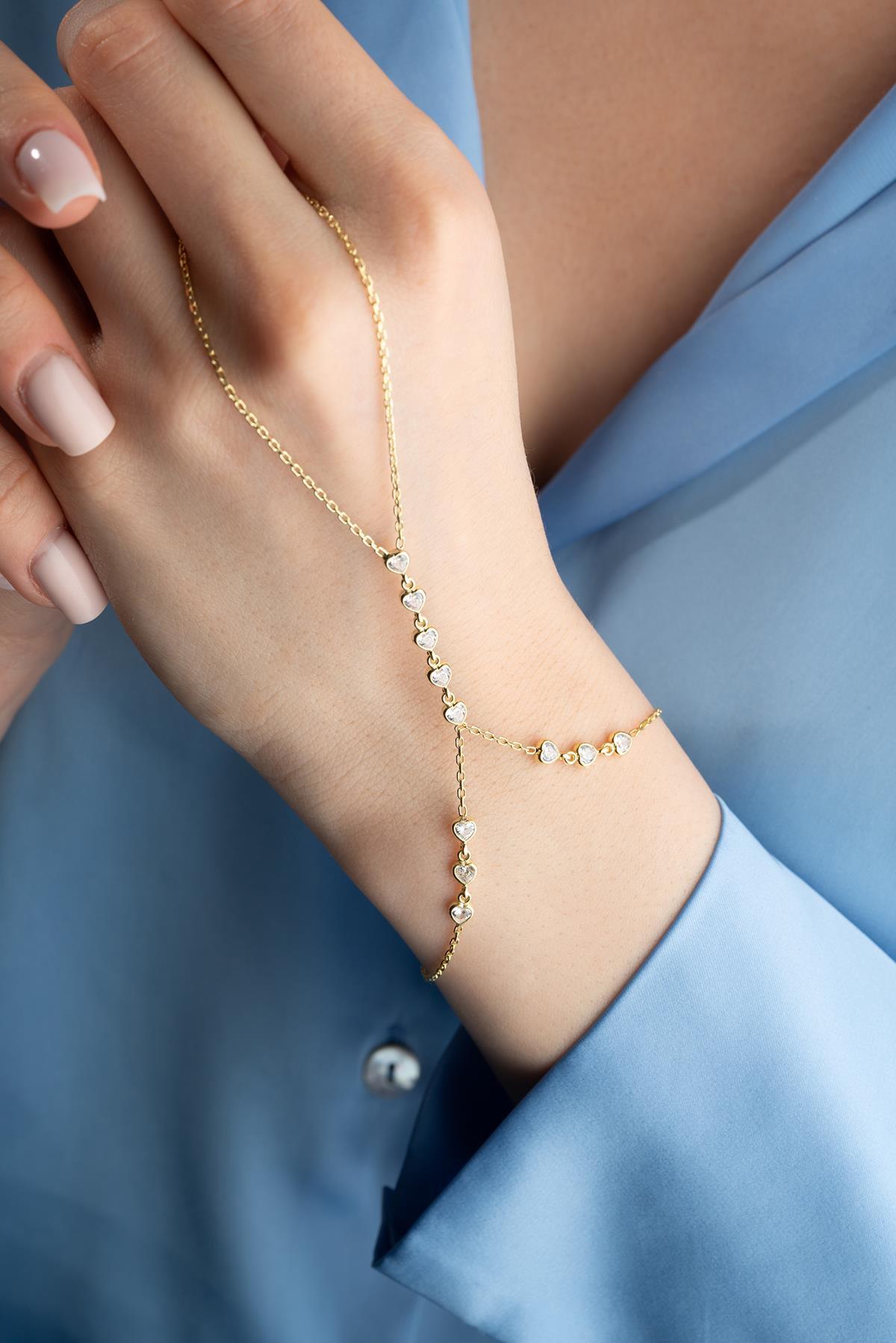 Gold Plated 925 Sterling Silver | Zircon Heart Hand Chain Bracelet | Slave Bracelet