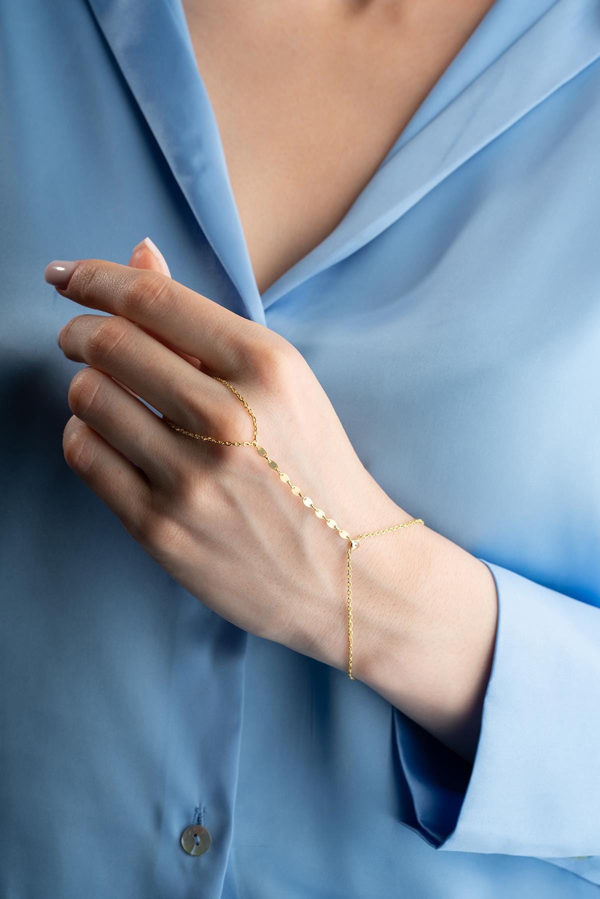 Gold Plated 925 Sterling Silver | Oval Disc Hand Chain Bracelet | Zircon Jewelry