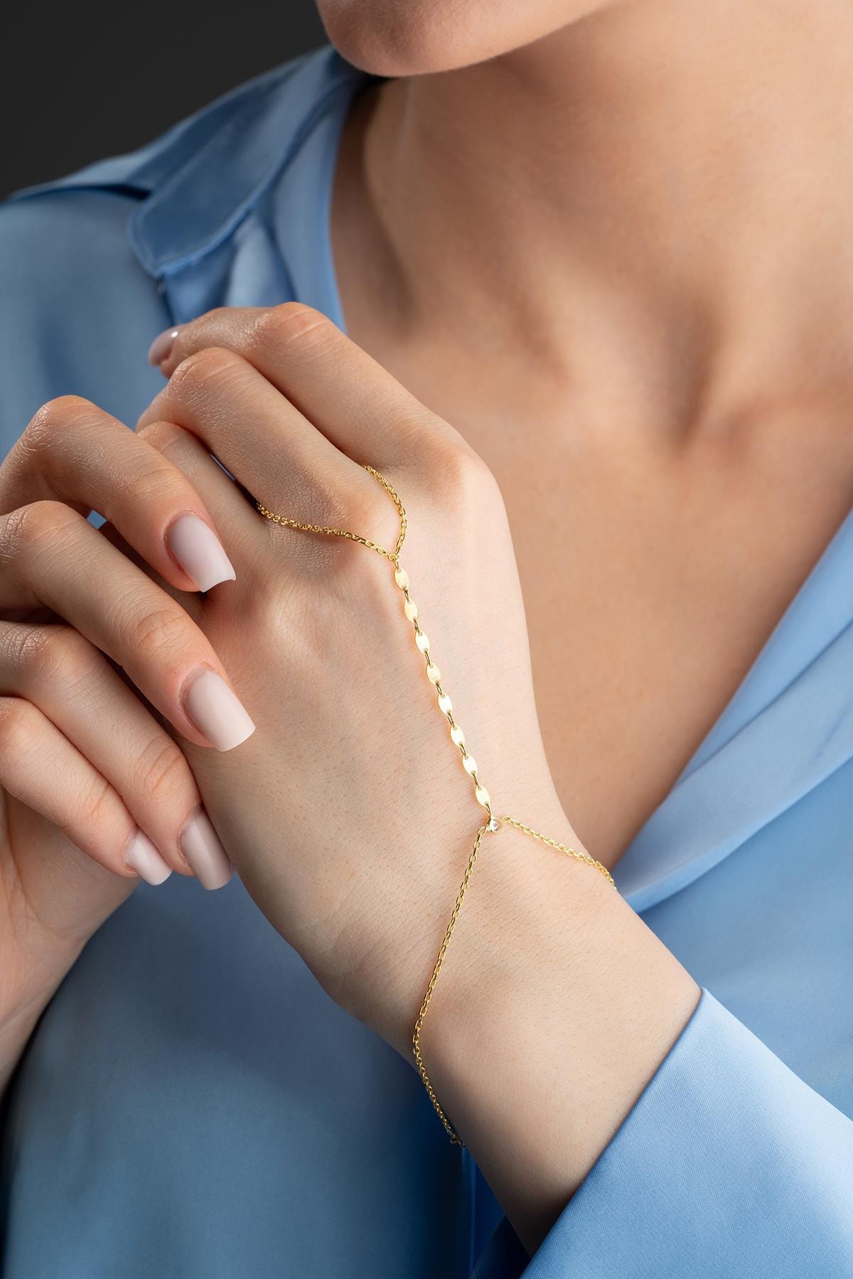 Gold Plated 925 Sterling Silver | Oval Disc Hand Chain Bracelet | Zircon Jewelry
