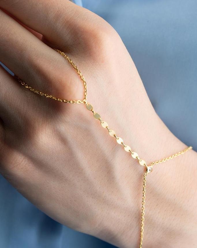 Gold Plated 925 Sterling Silver | Oval Disc Hand Chain Bracelet | Zircon Jewelry