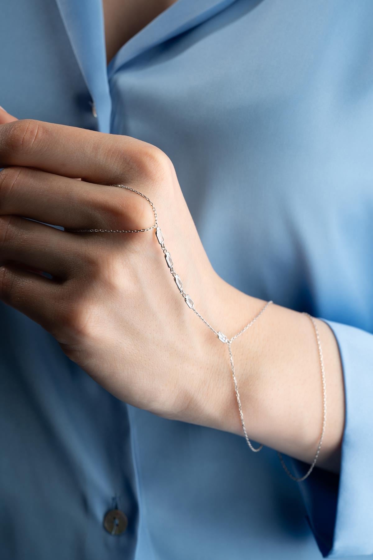 925 Sterling Silver | Baguette Zircon Hand Chain Bracelet | Rhodium Slave Bracelet