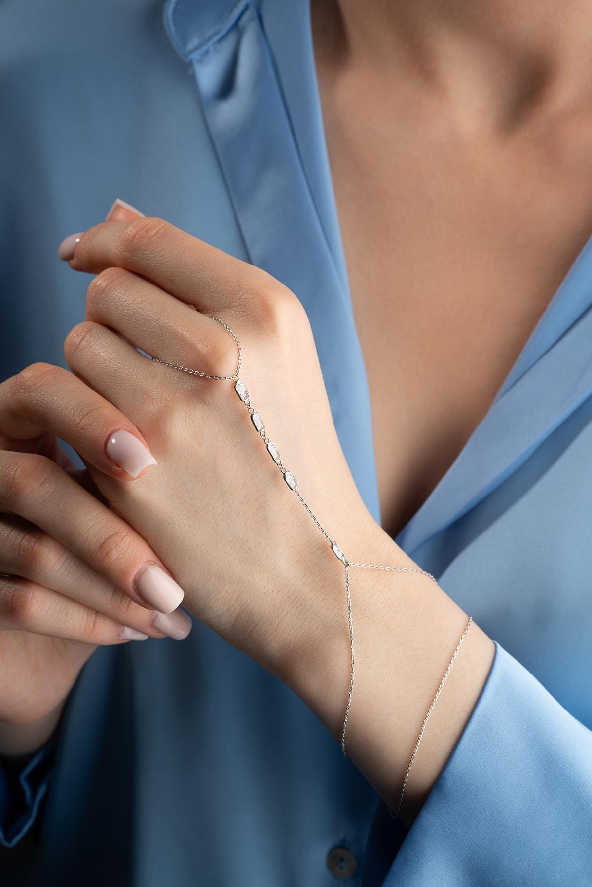 925 Sterling Silver | Baguette Zircon Hand Chain Bracelet | Rhodium Slave Bracelet