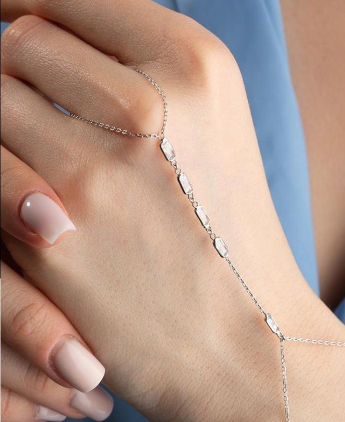 925 Sterling Silver | Baguette Zircon Hand Chain Bracelet | Rhodium Slave Bracelet