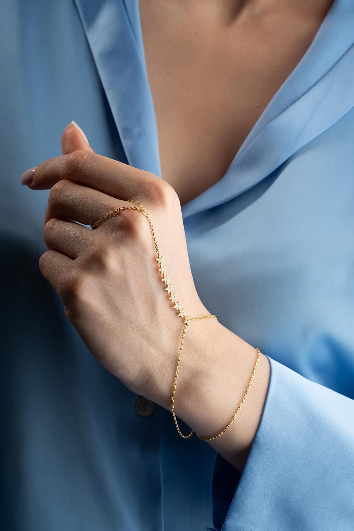 Gold Plated 925 Sterling Silver | Star Zircon Hand Chain Bracelet | Celestial Jewelry