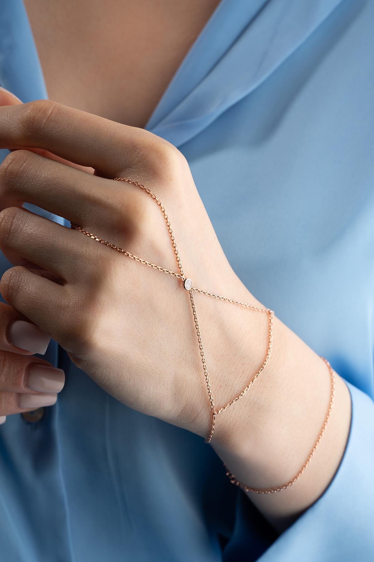 Rose Gold Plated 925 Sterling Silver | Solitaire Zircon Hand Chain Bracelet | Dainty Jewelry