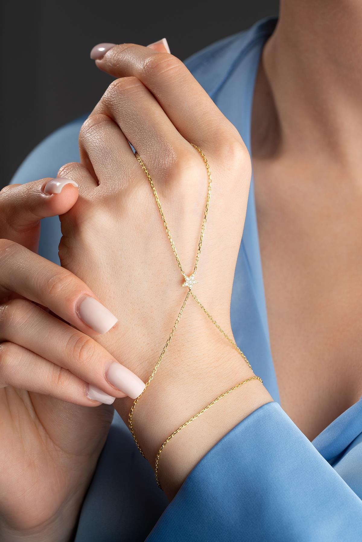 Gold Plated 925 Sterling Silver, Star Zircon Hand Chain Bracelet, Dainty Celestial Jewelry