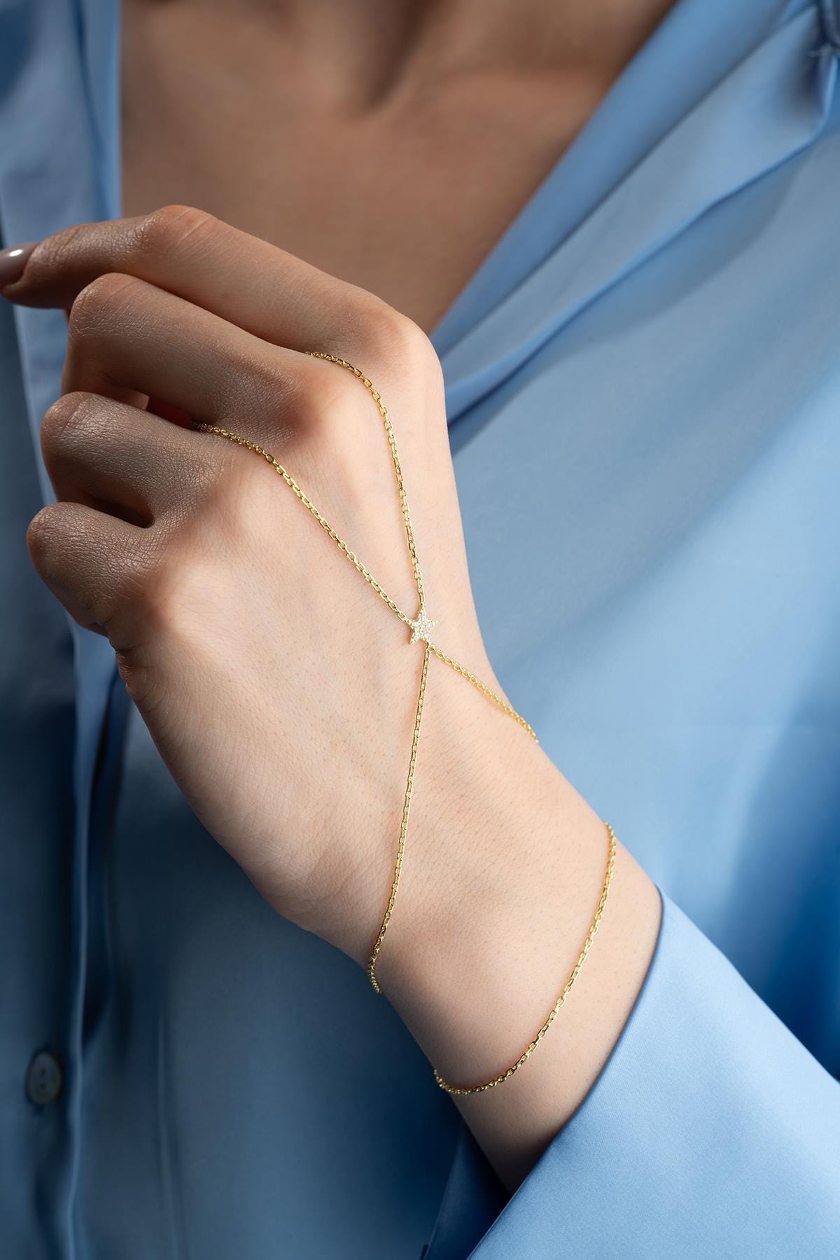 Gold Plated 925 Sterling Silver, Star Zircon Hand Chain Bracelet, Dainty Celestial Jewelry