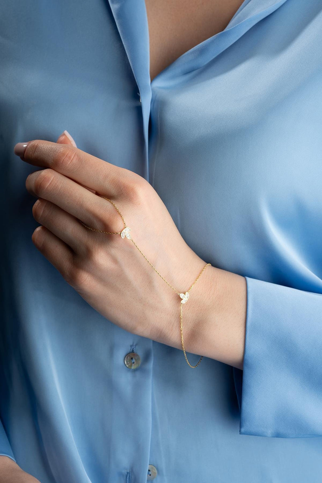 Gold Plated 925 Sterling Silver, Lotus Hand Chain Bracelet, Zircon Floral Jewelry