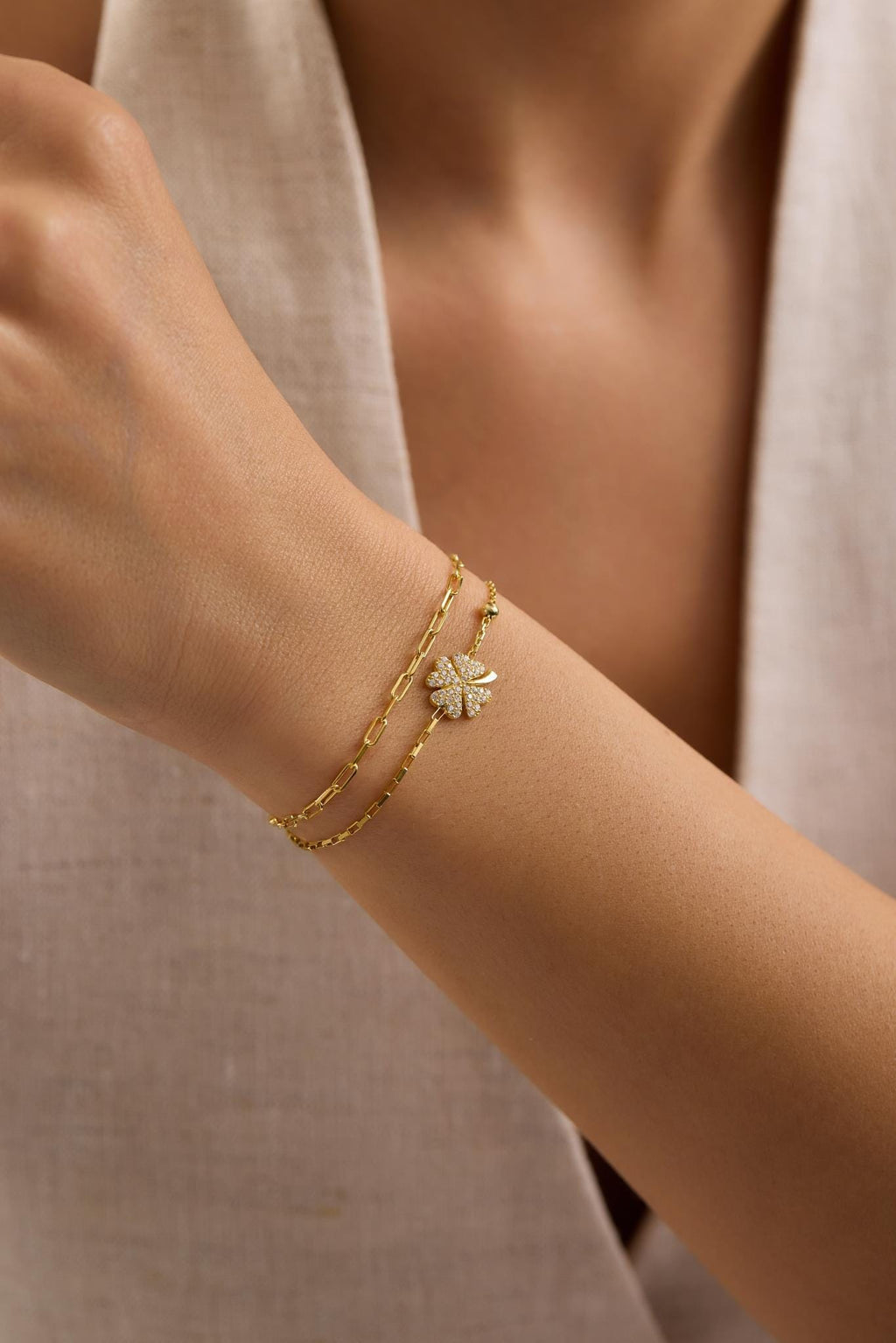 Four Leaf Clover Bracelet, 925 Sterling Silver, 14K Gold Plated, Double Chain Bracelet