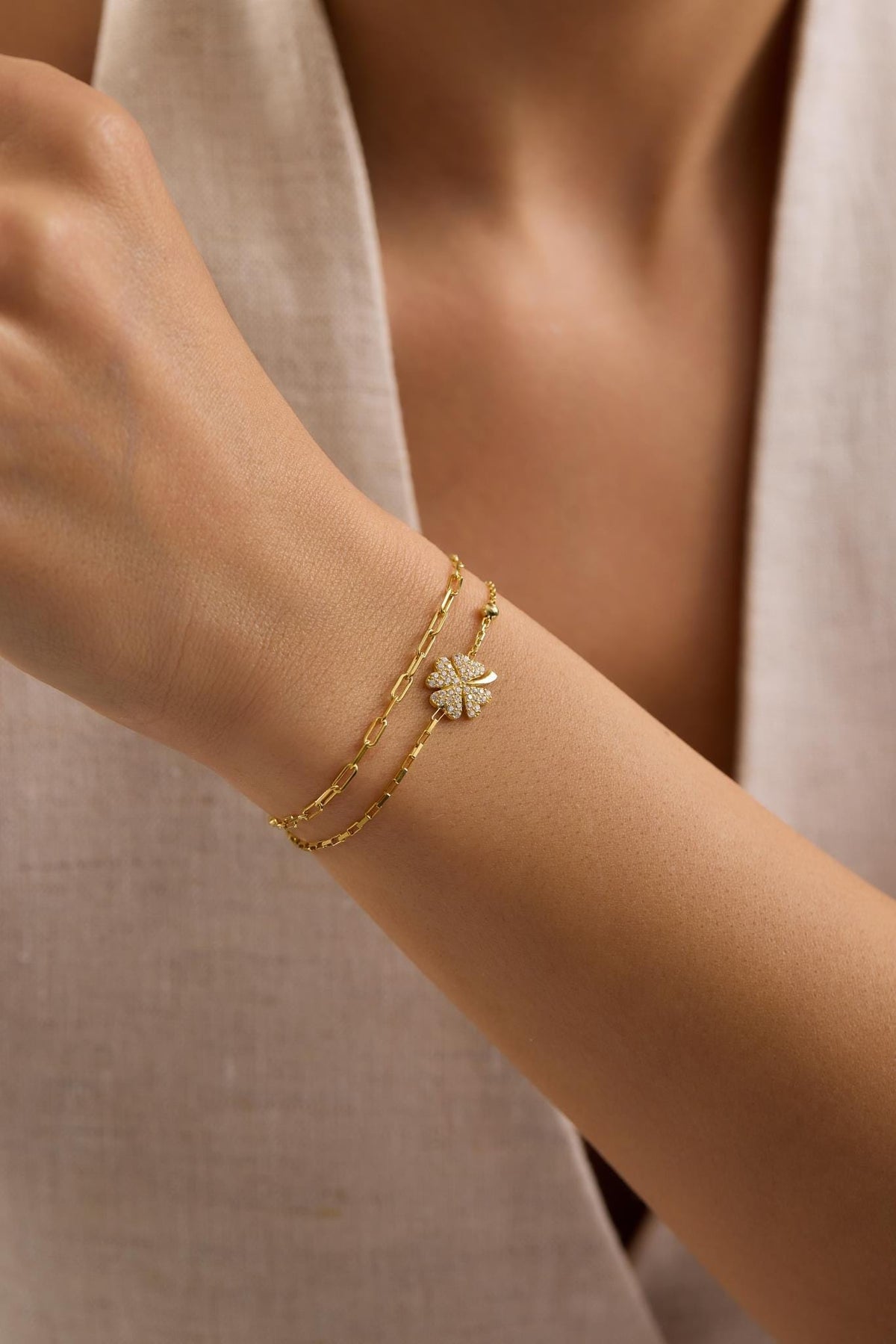 Four Leaf Clover Bracelet, 925 Sterling Silver, 14K Gold Plated, Double Chain Bracelet