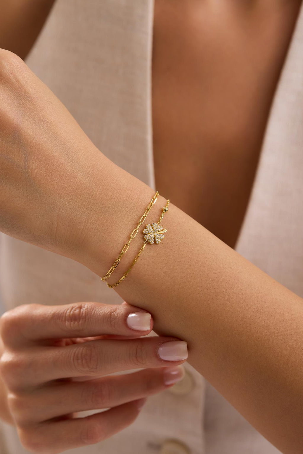 Four Leaf Clover Bracelet, 925 Sterling Silver, 14K Gold Plated, Double Chain Bracelet