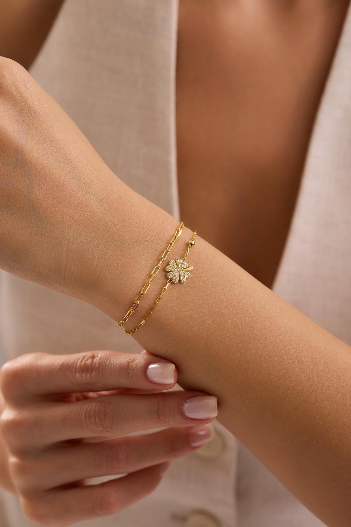 Four Leaf Clover Bracelet, 925 Sterling Silver, 14K Gold Plated, Double Chain Bracelet