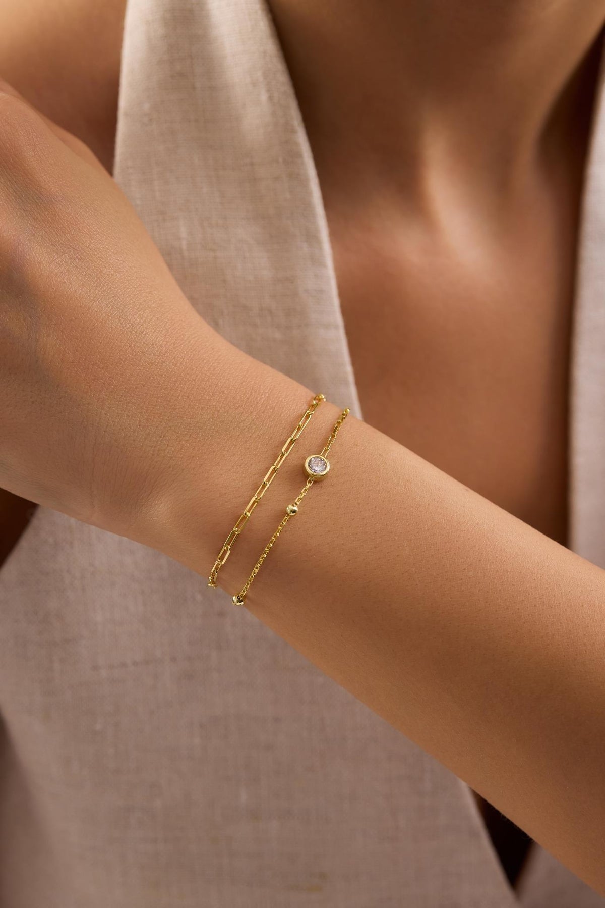 Solitaire Bracelet, 925 Sterling Silver, 14K Gold Plated, Double Chain Zircon Bracelet