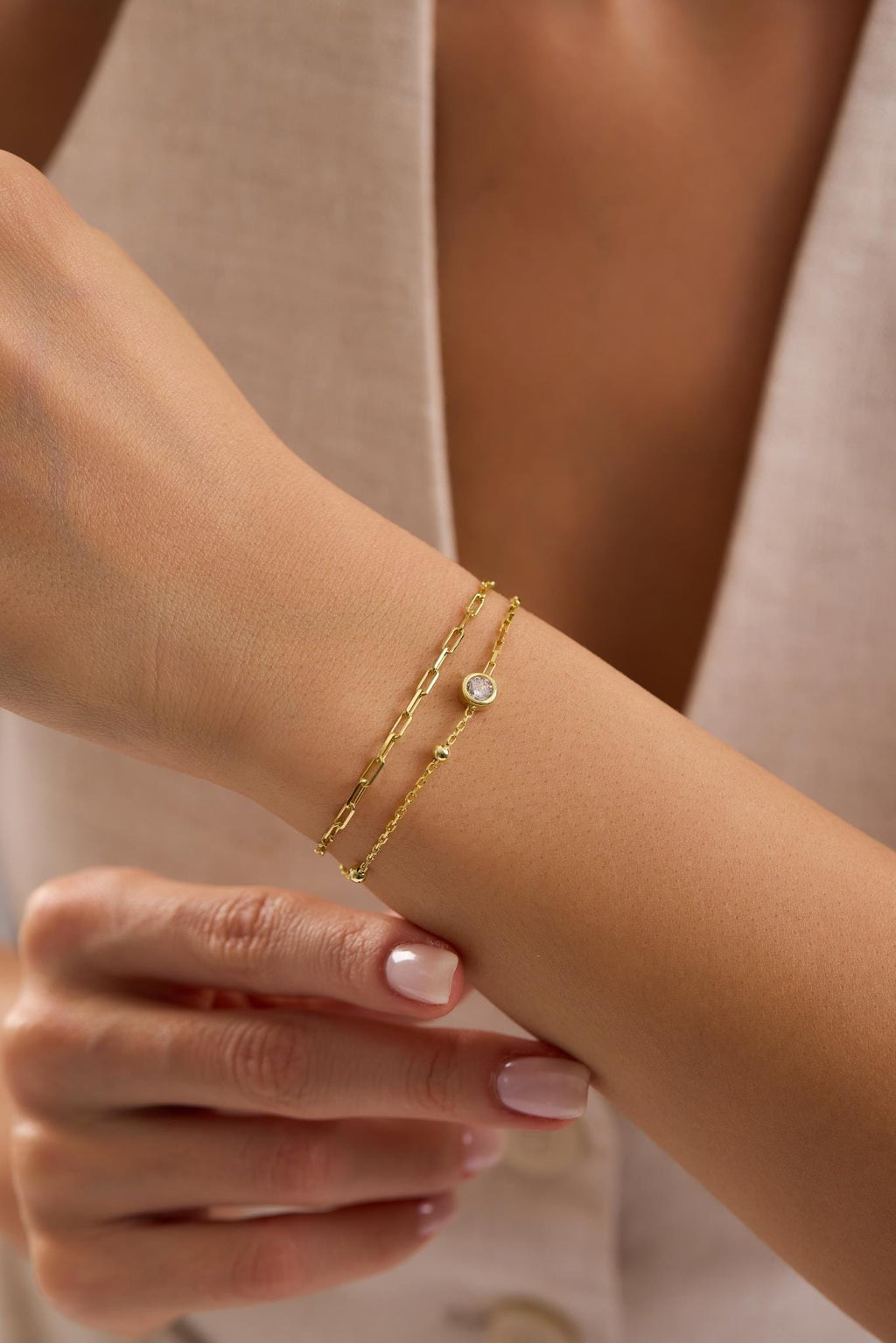 Solitaire Bracelet, 925 Sterling Silver, 14K Gold Plated, Double Chain Zircon Bracelet