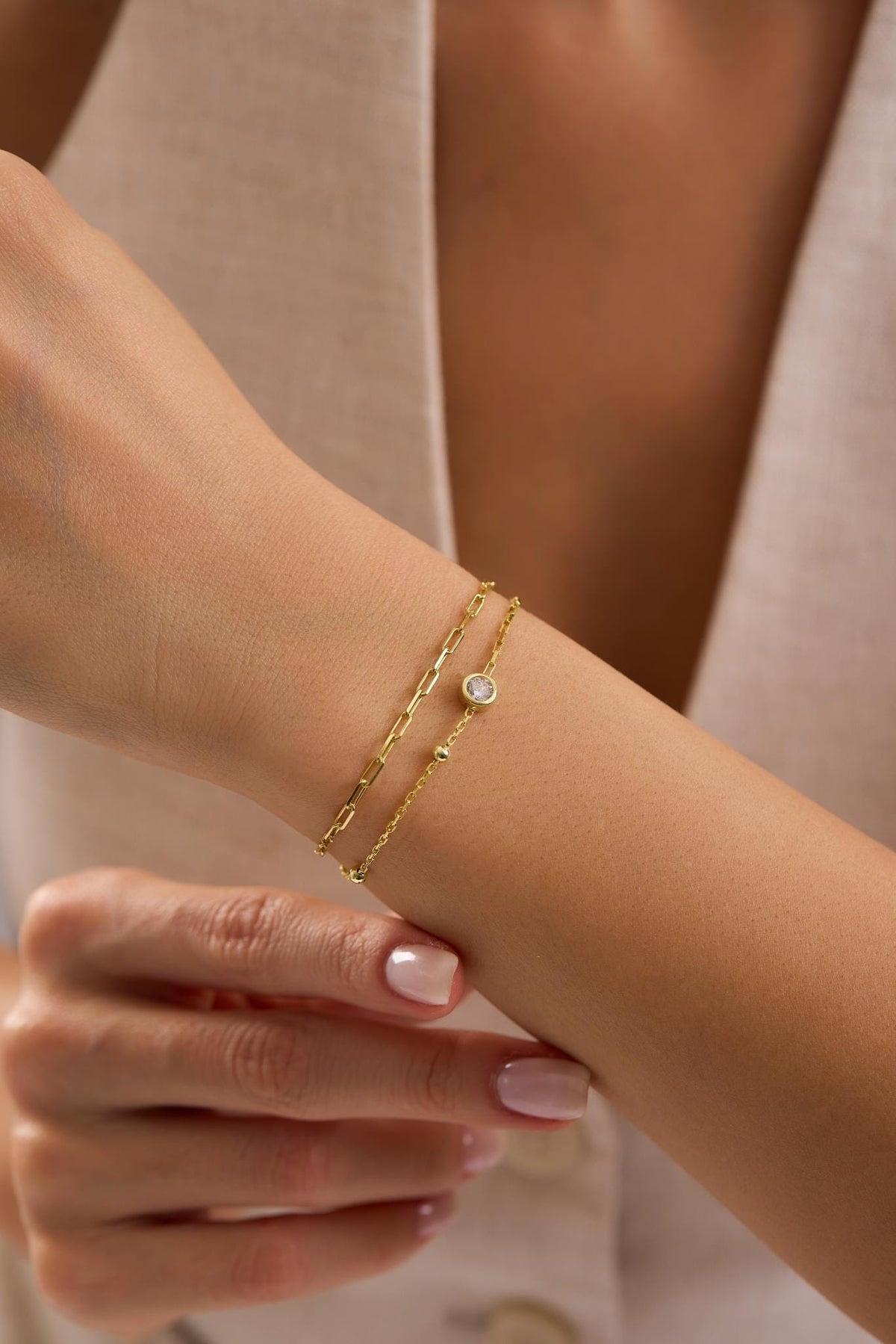 Solitaire Bracelet, 925 Sterling Silver, 14K Gold Plated, Double Chain Zircon Bracelet