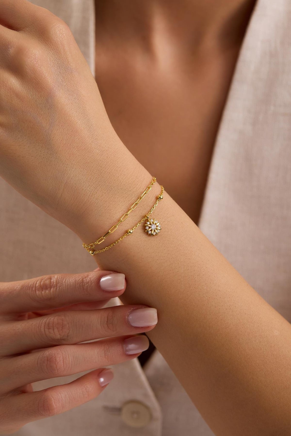 Sun Bracelet, 925 Sterling Silver Bracelet, 14K Gold Plated Double Chain Zircon Jewelry