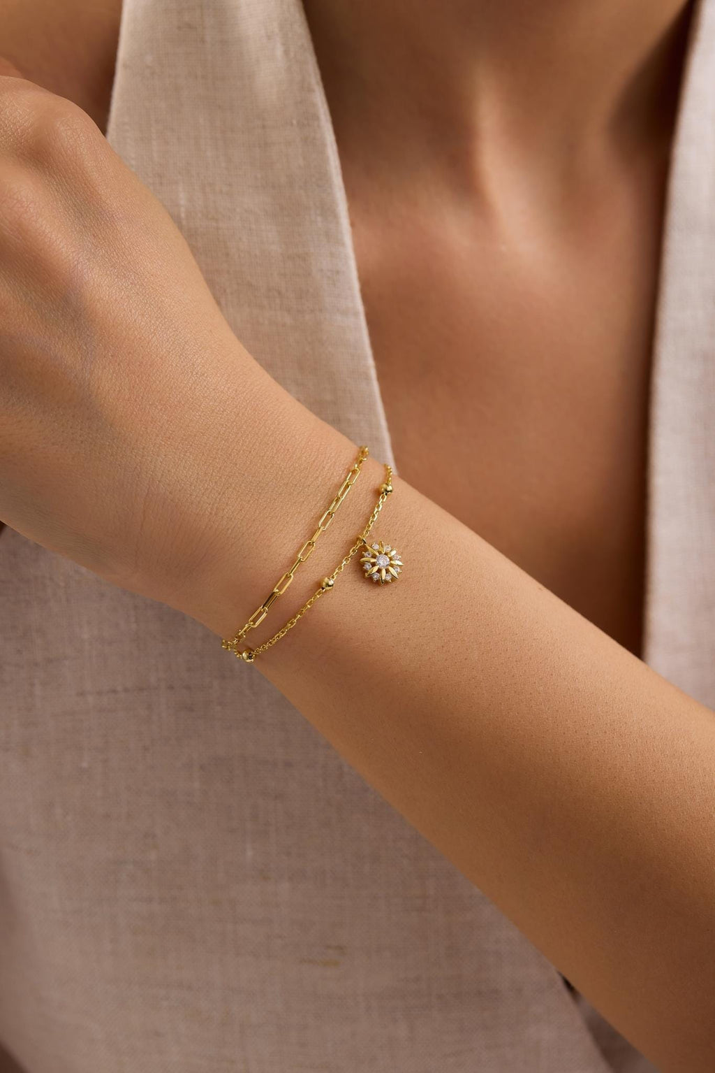 Sun Bracelet, 925 Sterling Silver Bracelet, 14K Gold Plated Double Chain Zircon Jewelry