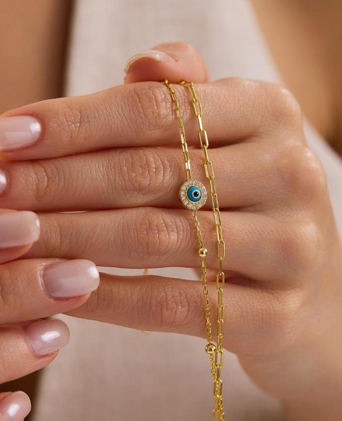 Evil Eye Bracelet, 925 Sterling Silver Bracelet, 14K Gold Plated Double Chain Jewelry