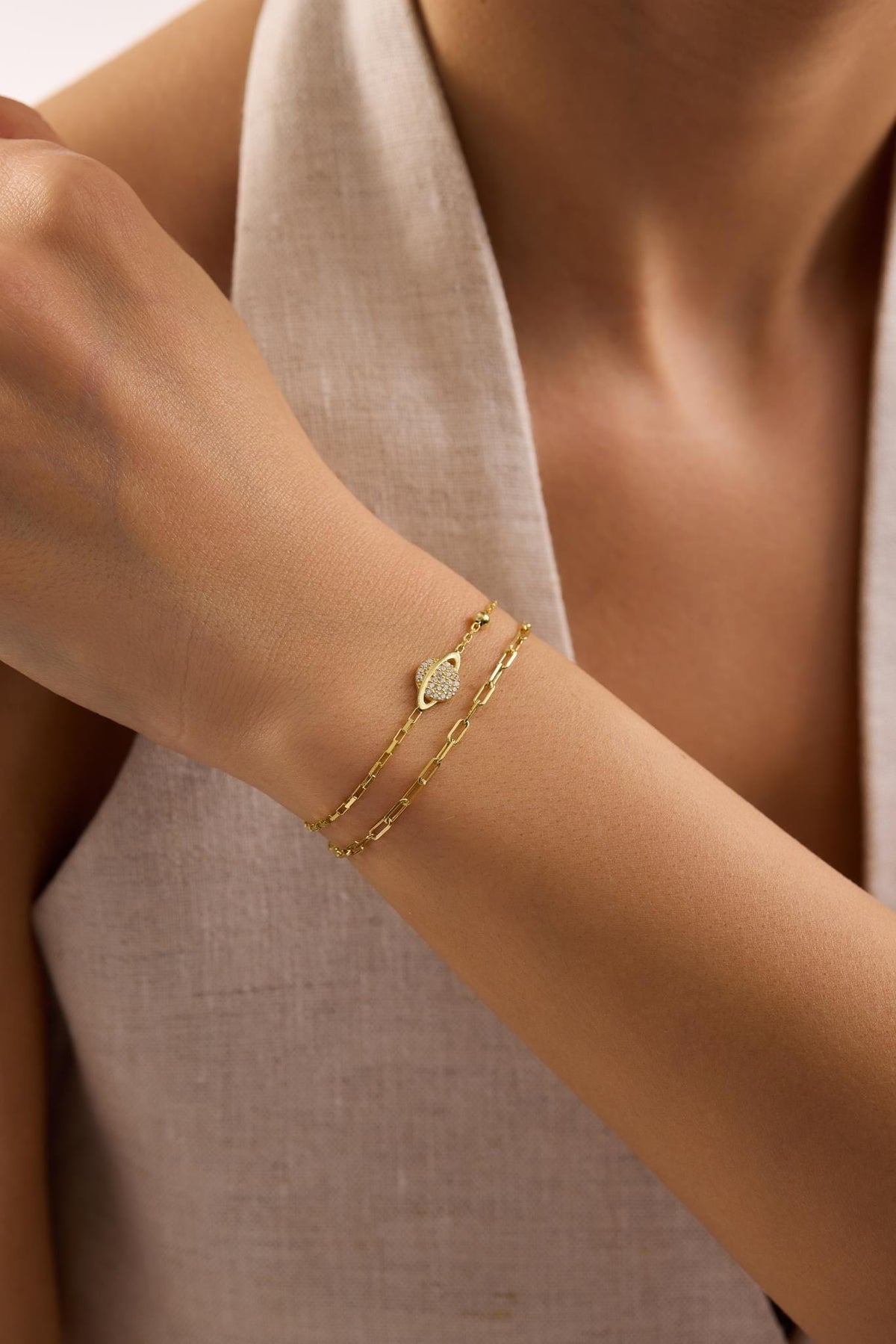 Planet Bracelet, 925 Sterling Silver Bracelet, 14K Gold Plated Double Chain Jewelry
