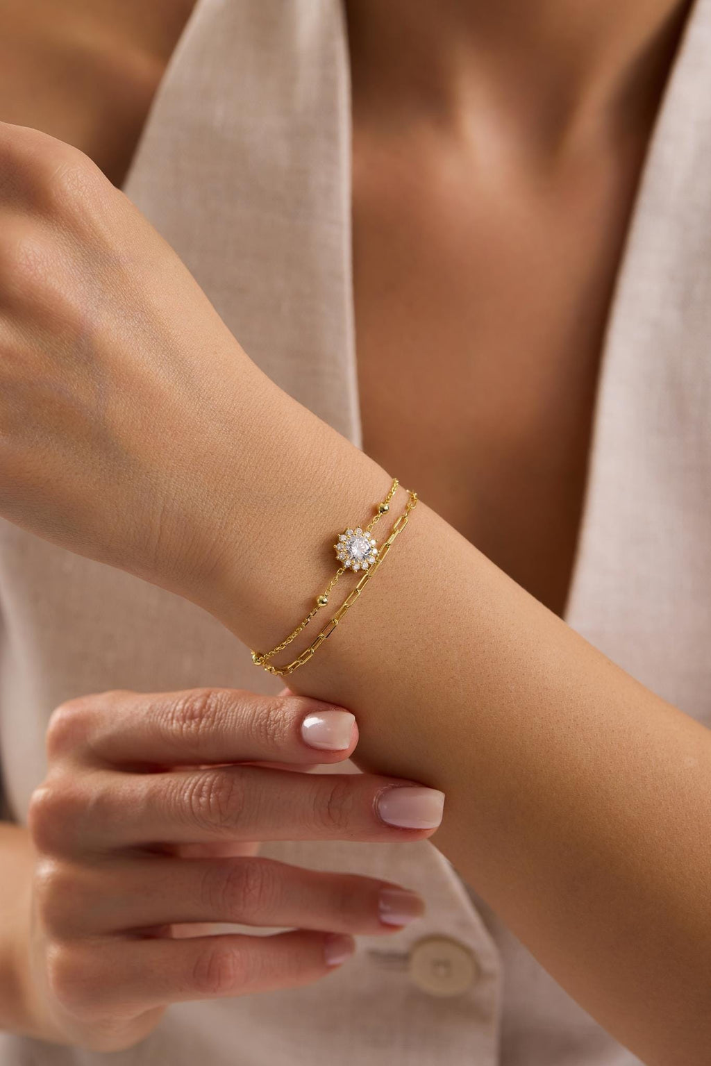 Halo Solitaire Bracelet, 925 Sterling Silver Bracelet, 14K Gold Plated Double Chain