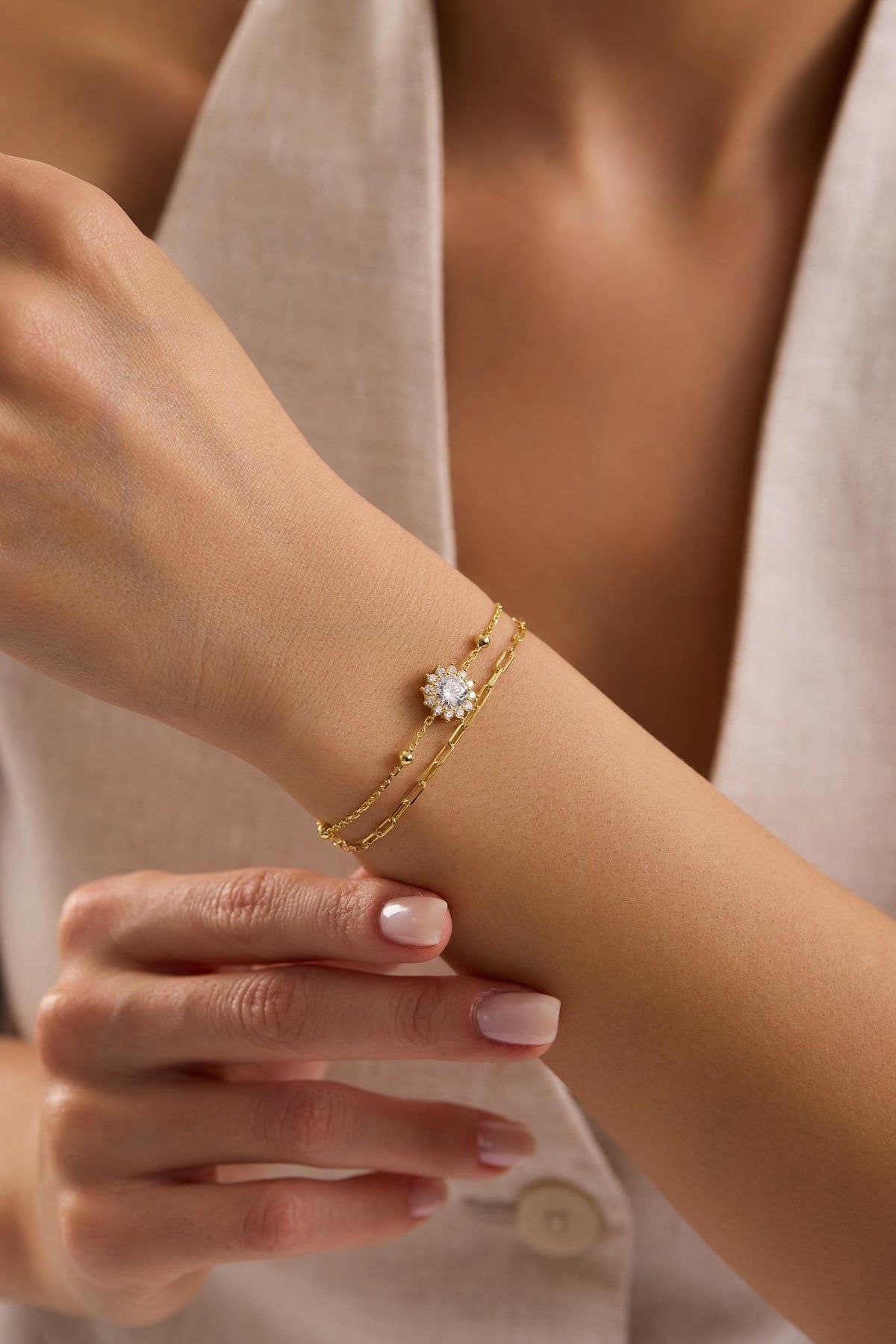 Halo Solitaire Bracelet, 925 Sterling Silver Bracelet, 14K Gold Plated Double Chain