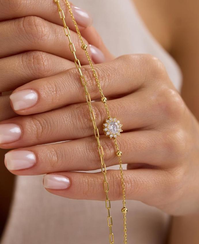Halo Solitaire Bracelet, 925 Sterling Silver Bracelet, 14K Gold Plated Double Chain