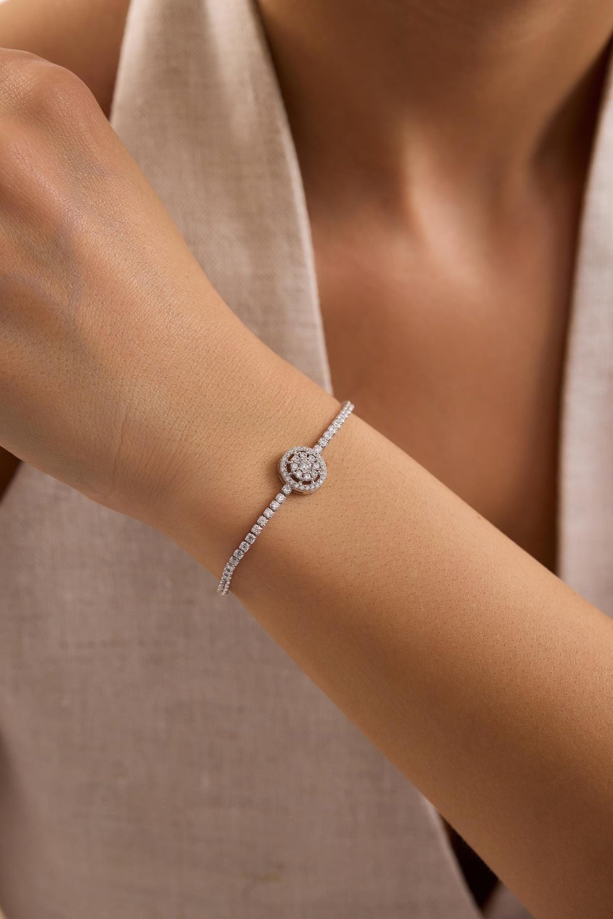Adjustable Tennis Bracelet, 925 Sterling Silver Rhodium Plated Zircon Bolo Bracelet
