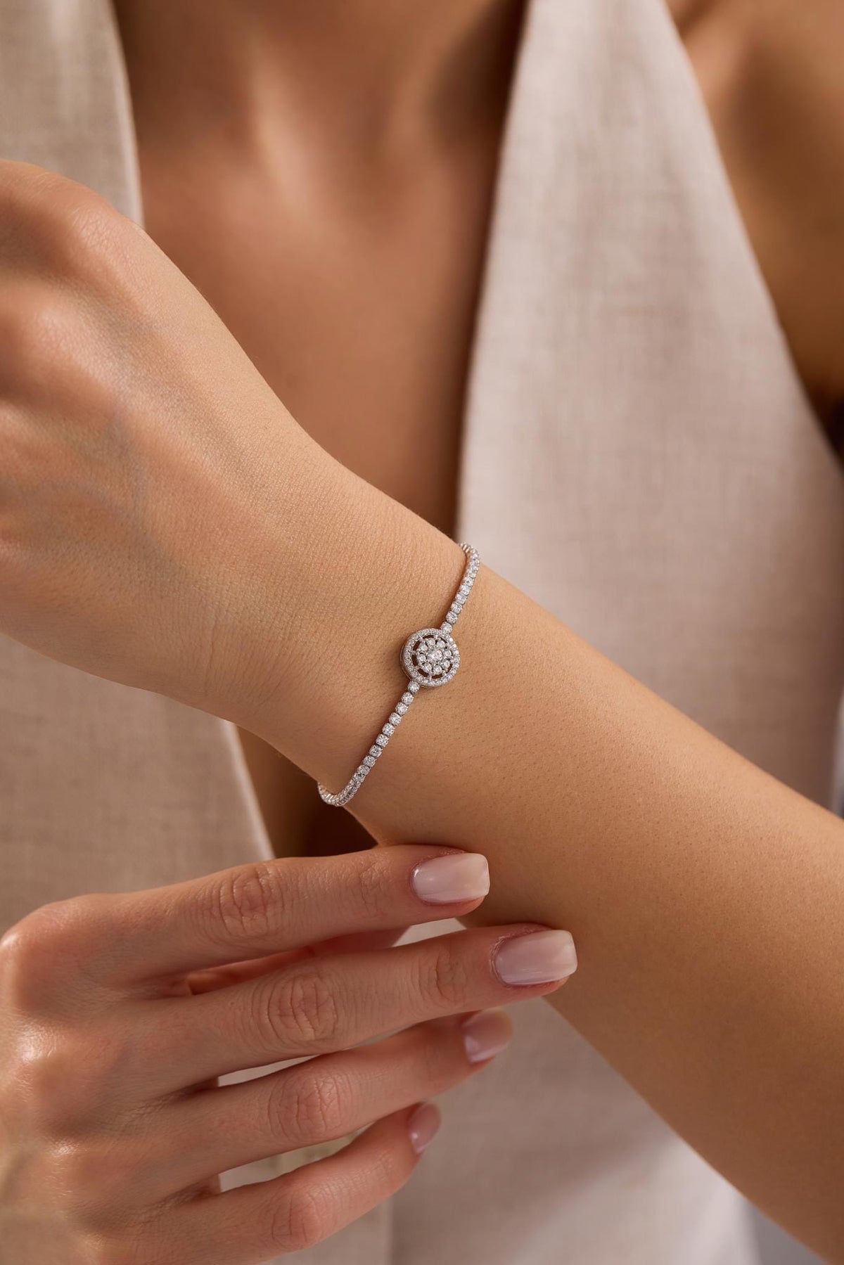 Adjustable Tennis Bracelet, 925 Sterling Silver Rhodium Plated Zircon Bolo Bracelet