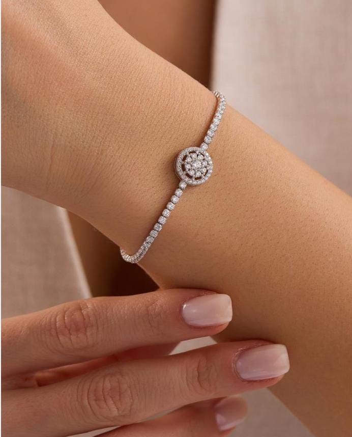 Adjustable Tennis Bracelet, 925 Sterling Silver Rhodium Plated Zircon Bolo Bracelet